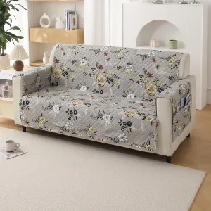 Quilted Printed Polyester Sofa Cover Mat for 1/2/3 Seater Sofa with Side Pockets, Pet Friendly, Floral Ash Grey