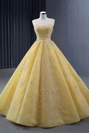 Quinceanera Dress Elegant Yellow Strapless Sequins Ball Gown Lace Up Pleated Evening Dress