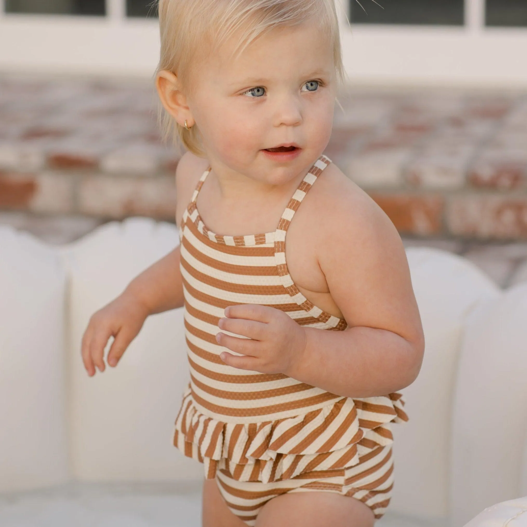 Quincy Mae - Ruffled One-Piece Swimsuit - Clay Stripe