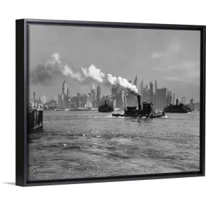 "1930's 1933 Steam Engine Tug Boat And Staten Island Ferry Boats" Black Float Frame Canvas Art