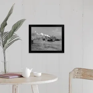 "1930's 1933 Steam Engine Tug Boat And Staten Island Ferry Boats" Black Framed Print