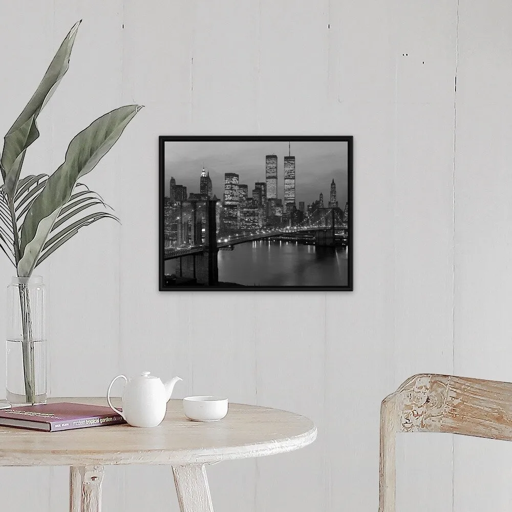 "1980's New York City Lower Manhattan Skyline Brooklyn Bridge World Trade Center" Black Float Frame Canvas Art