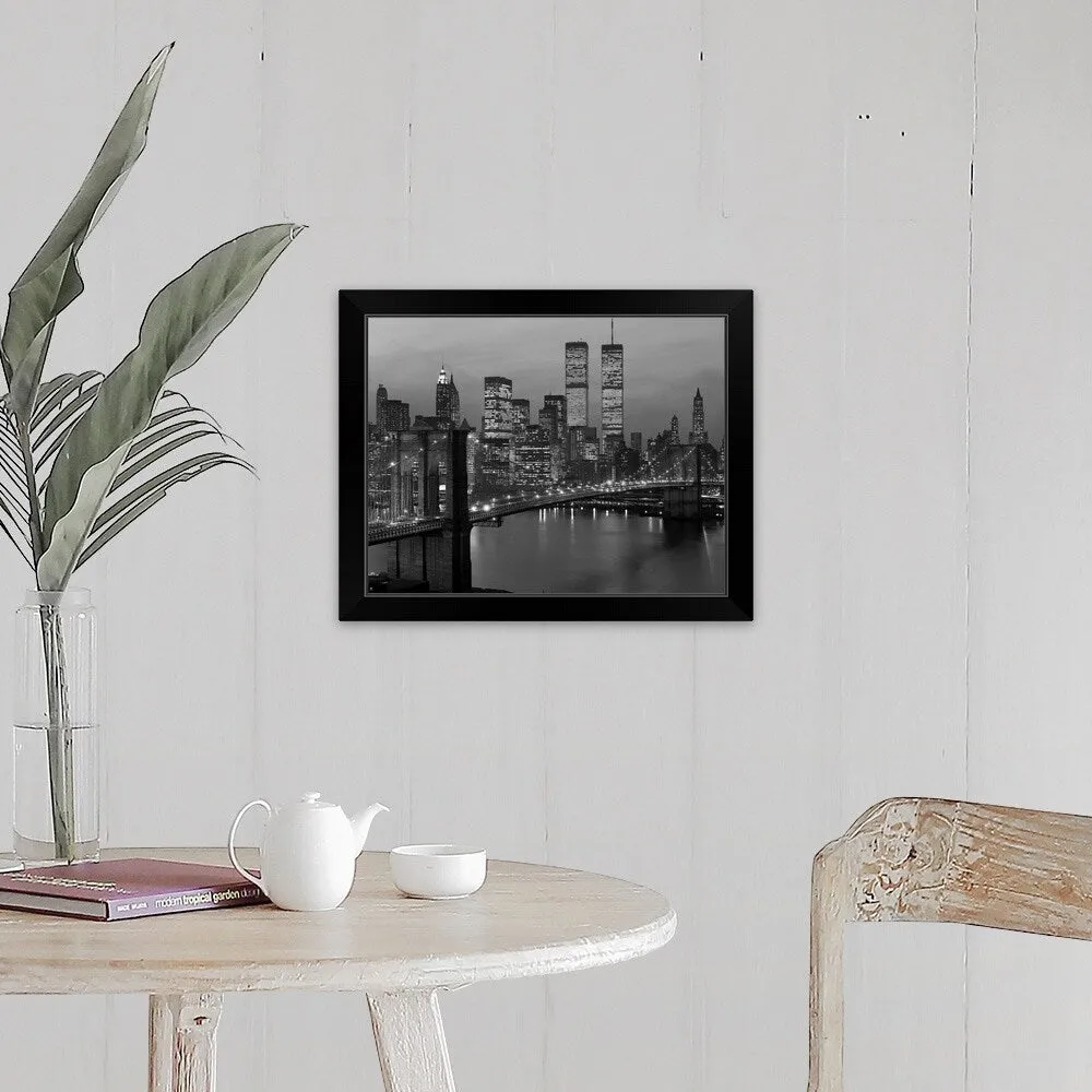 "1980's New York City Lower Manhattan Skyline Brooklyn Bridge World Trade Center" Black Framed Print