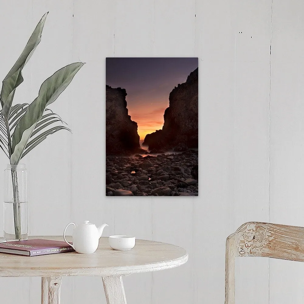 "A crescent moon sets through a dusk-colored sky at Pfeiffer Beach, CA, USA" Canvas Wall Art