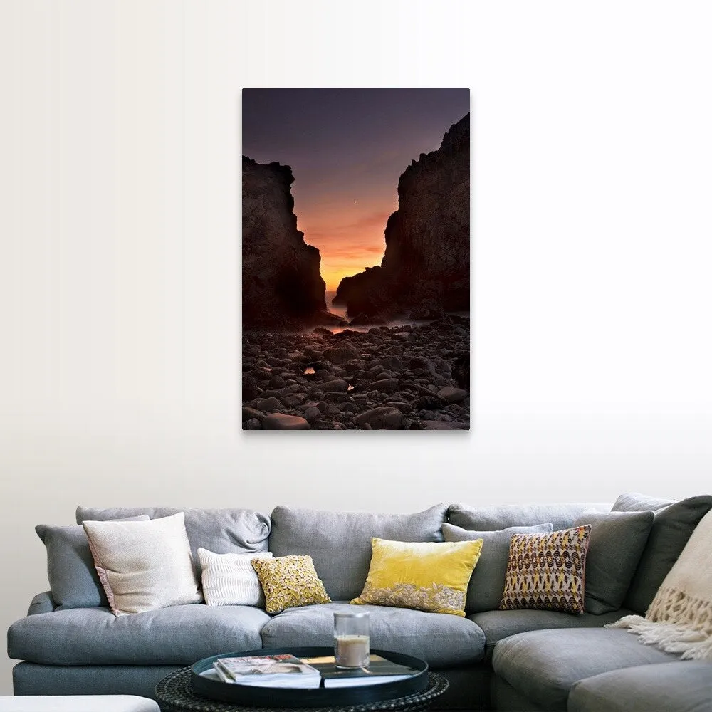 "A crescent moon sets through a dusk-colored sky at Pfeiffer Beach, CA, USA" Canvas Wall Art