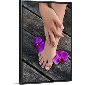 "A womans foot with purple orchid flowers" Black Float Frame Canvas Art