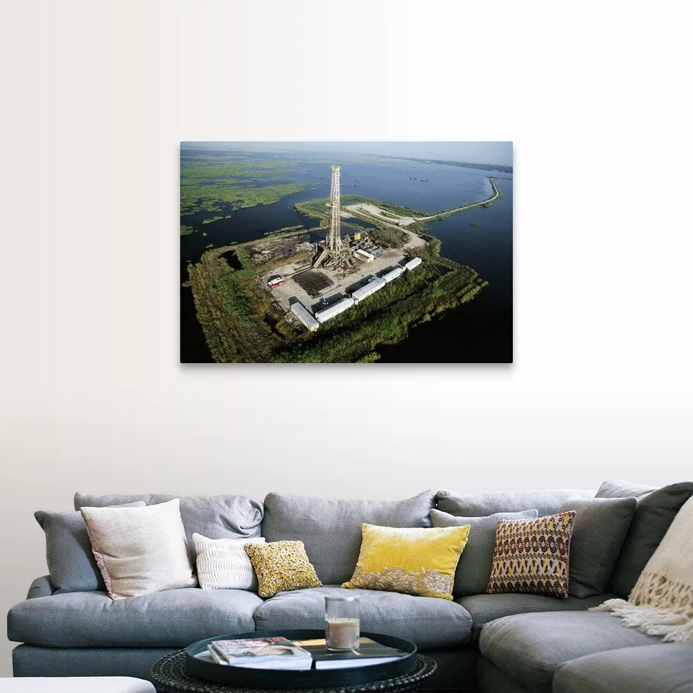 "Aerial View of Oil Drilling Platform in Marsh" Canvas Wall Art