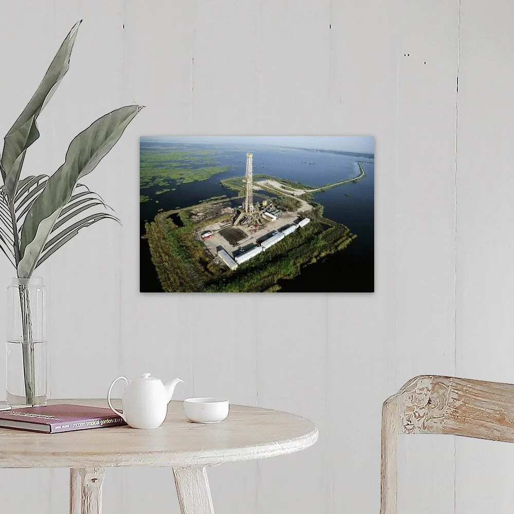 "Aerial View of Oil Drilling Platform in Marsh" Canvas Wall Art