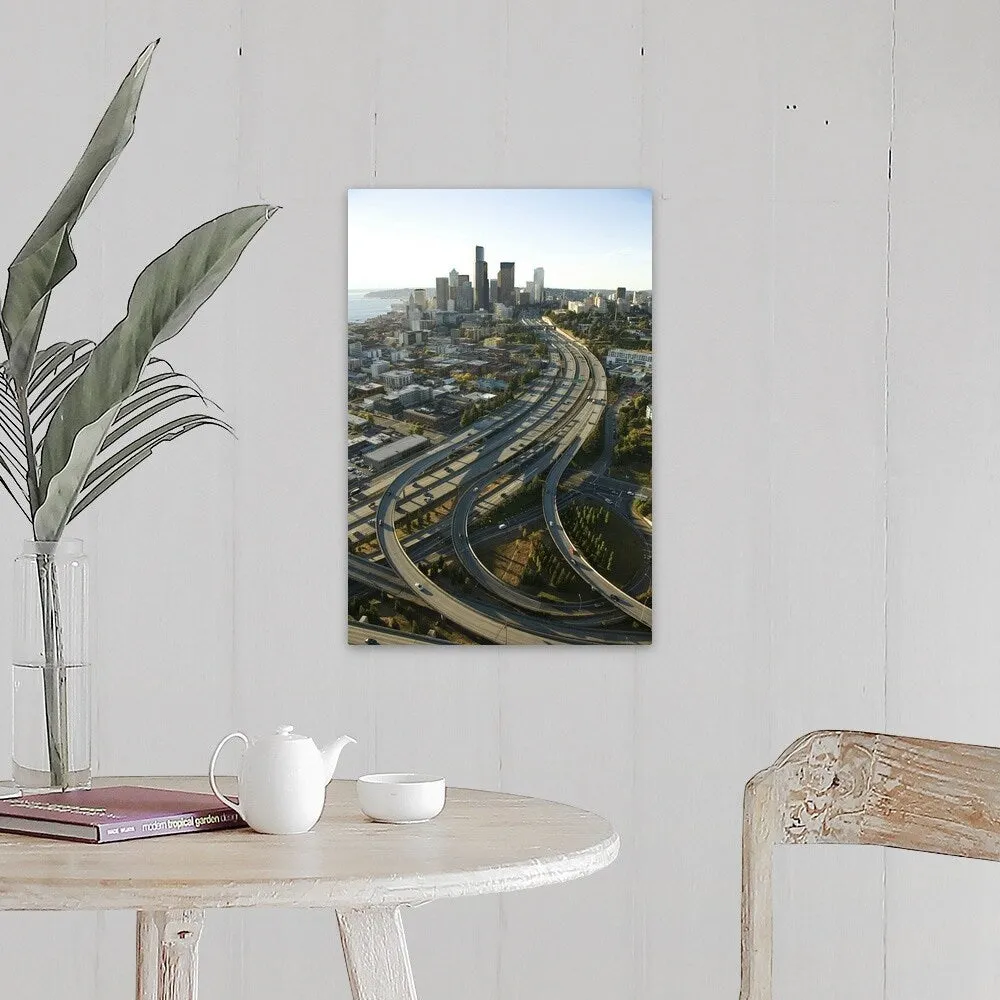 "Aerial view of Seattle freeways and downtown" Canvas Wall Art