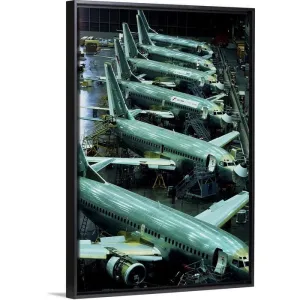 "Aircraft production, Boeing 737 passenger aircraft" Black Float Frame Canvas Art