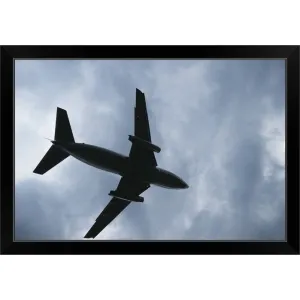 "Airplane in air, low angle view" Black Framed Print