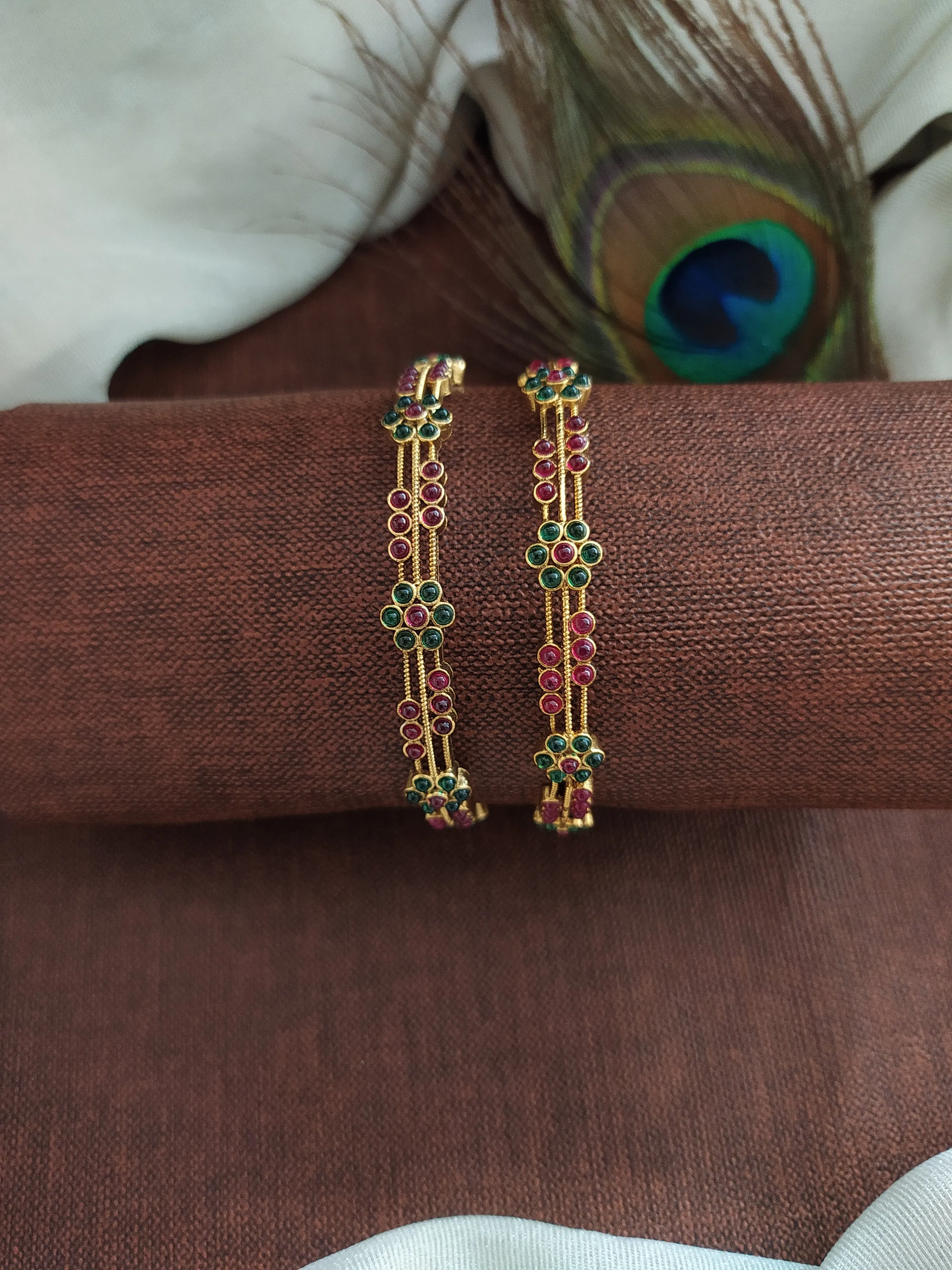 "Antique Floral Design Bangles with Kemp and Green Stones"