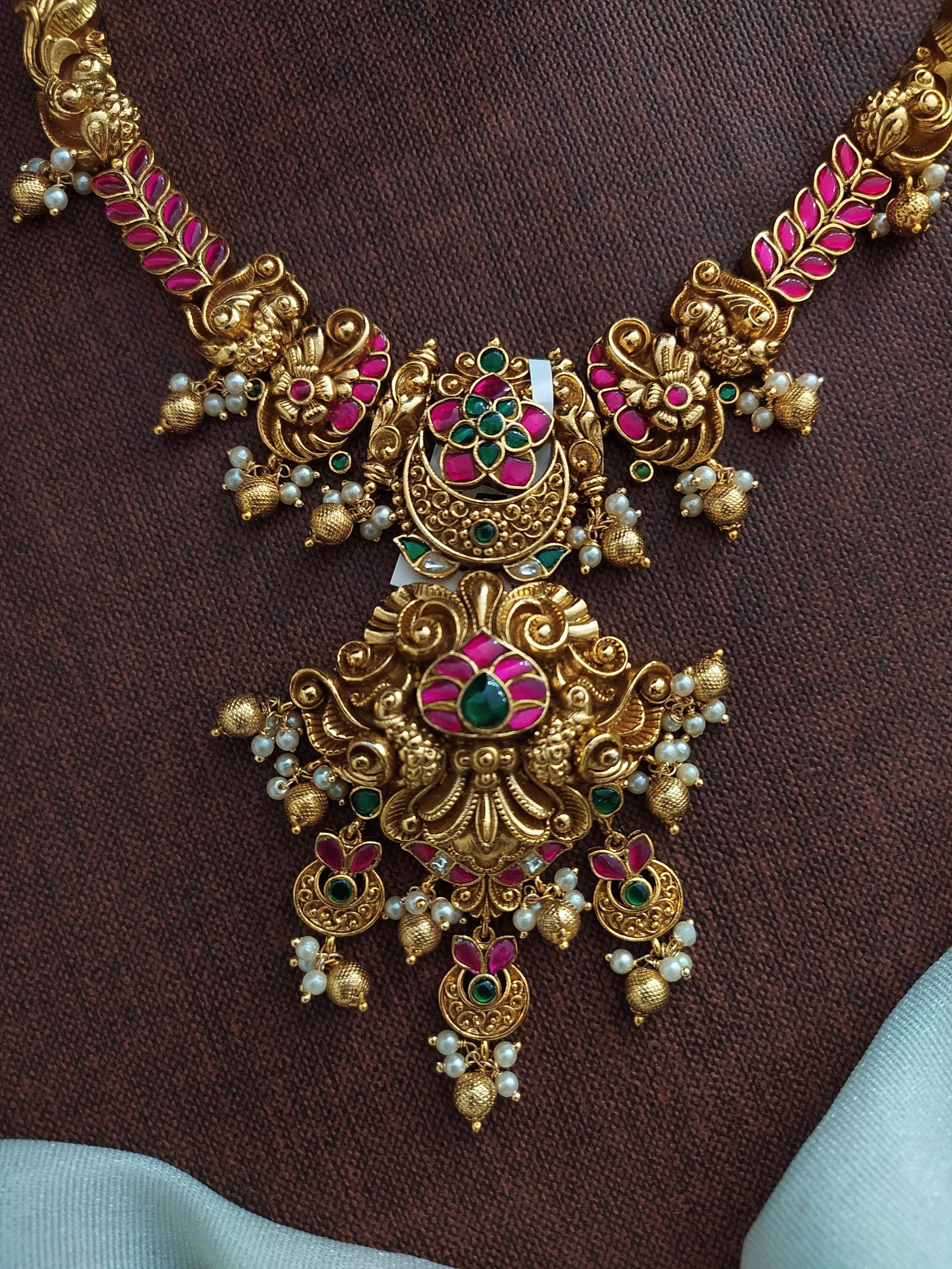 "Antique Nagas Necklace with Jadau Kundan Stones and Peacock Motif"