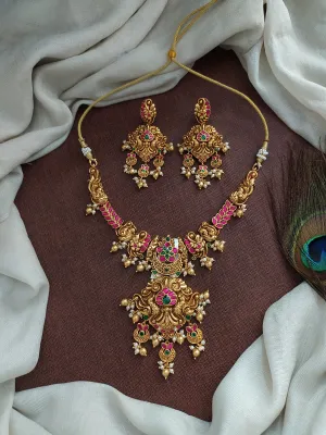 "Antique Nagas Necklace with Jadau Kundan Stones and Peacock Motif"