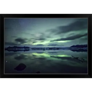 "Aurora borealis over Jokulsarlon glacial lagoon in south Iceland." Black Framed Print