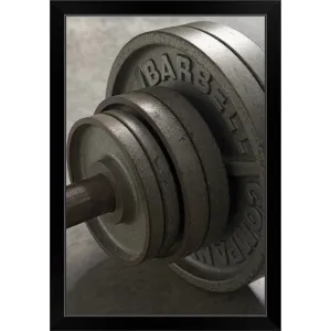 "Barbell, close-up of weights, elevated view" Black Framed Print