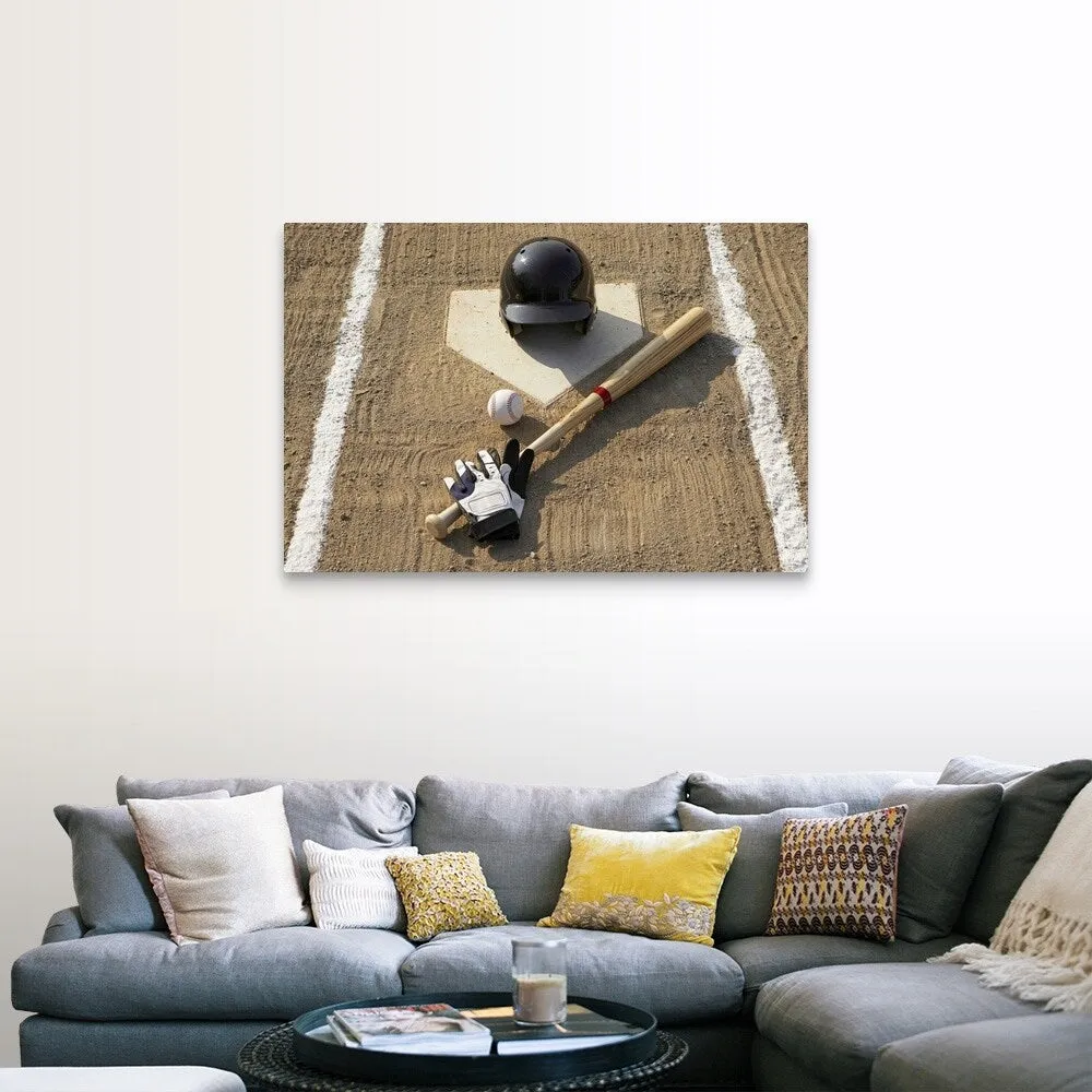 "Baseball, bat, batting gloves and baseball helmet at home plate" Canvas Wall Art