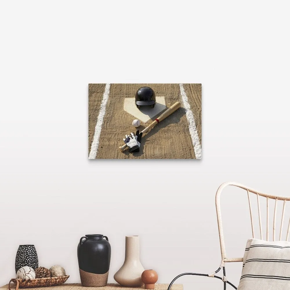 "Baseball, bat, batting gloves and baseball helmet at home plate" Canvas Wall Art