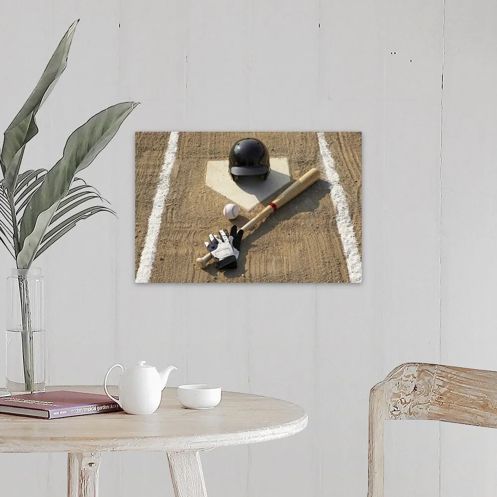 "Baseball, bat, batting gloves and baseball helmet at home plate" Canvas Wall Art