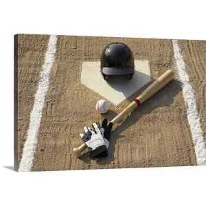 "Baseball, bat, batting gloves and baseball helmet at home plate" Canvas Wall Art