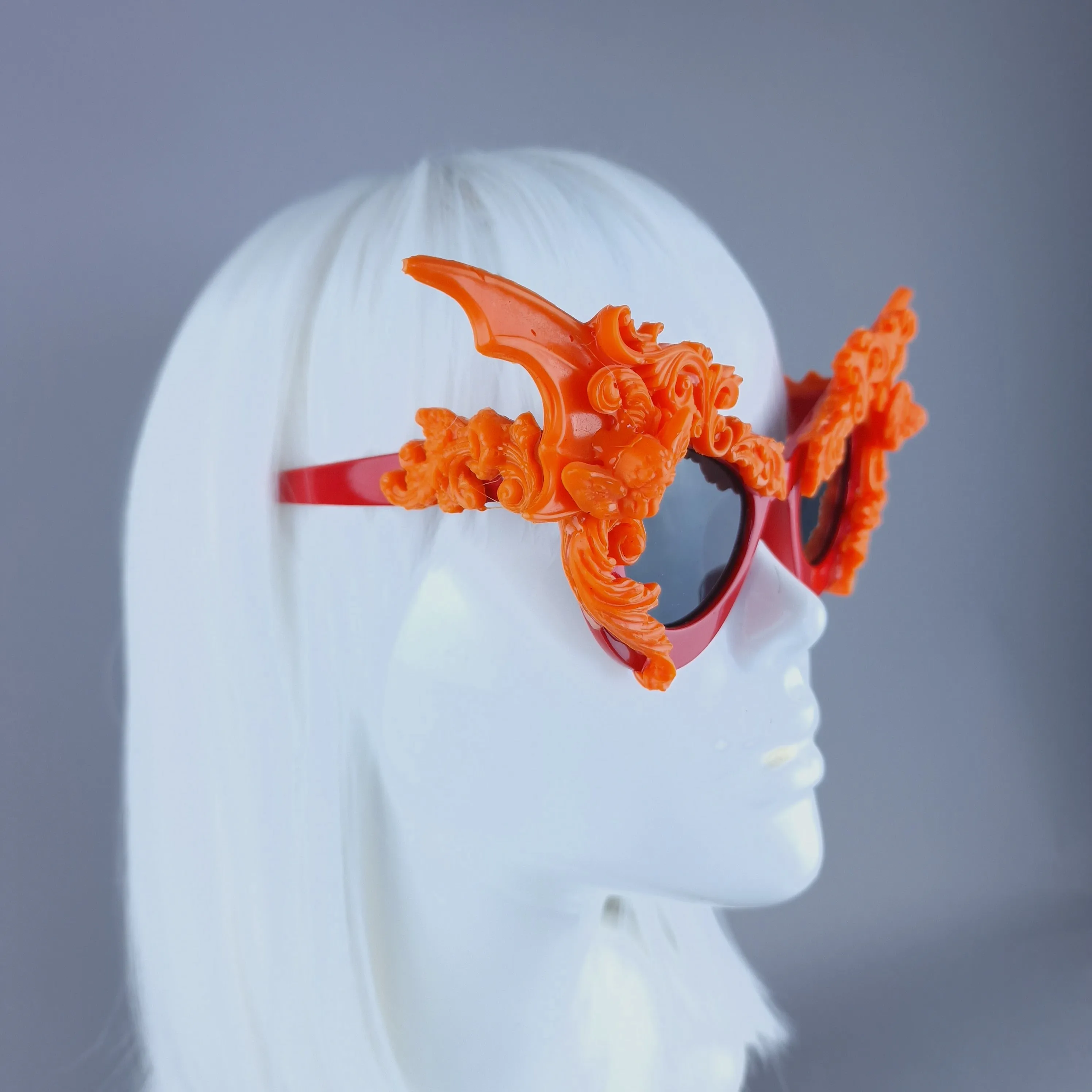 "Bathory" Red & Orange Filigree Ornate Bat Wing & Cherub Sunglasses