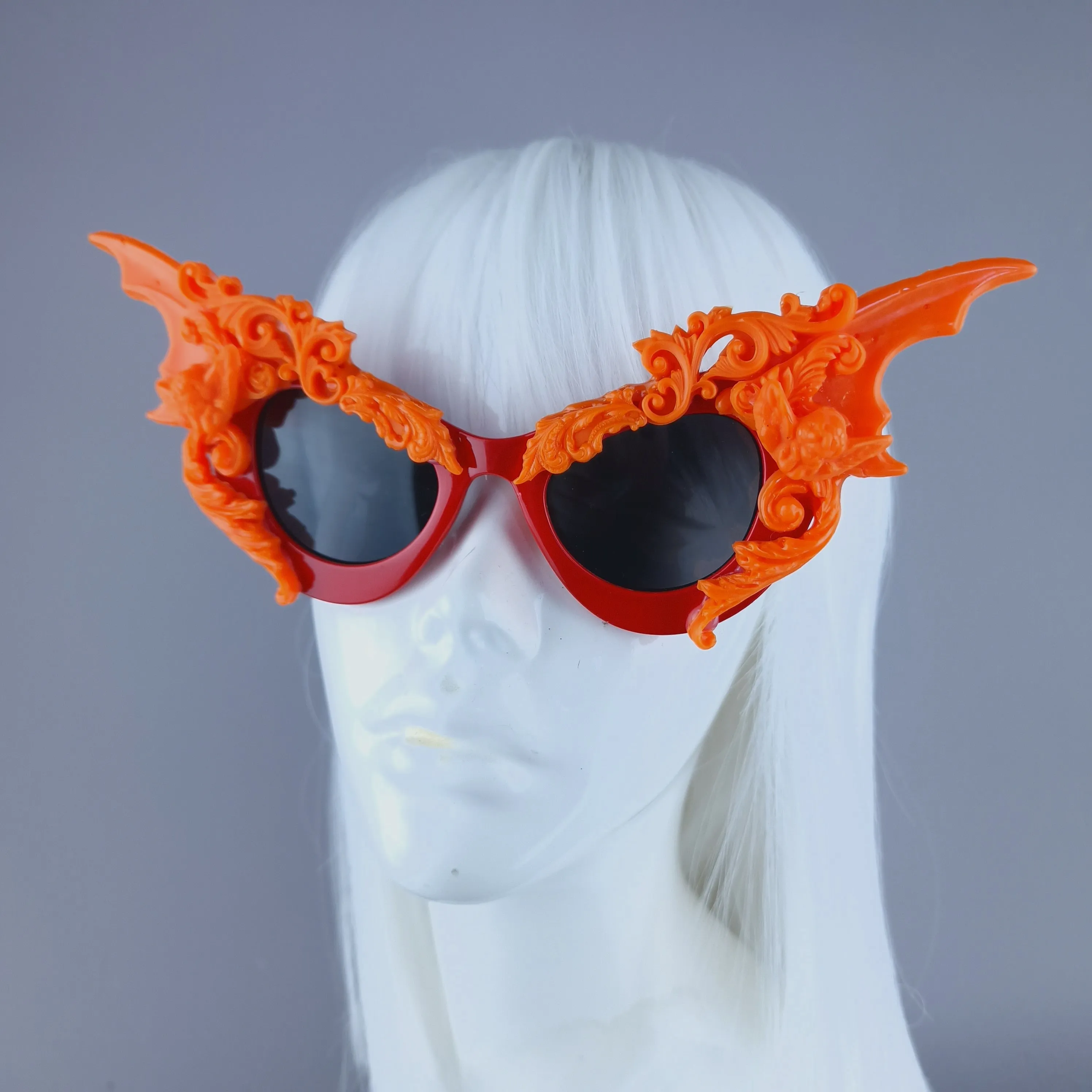 "Bathory" Red & Orange Filigree Ornate Bat Wing & Cherub Sunglasses