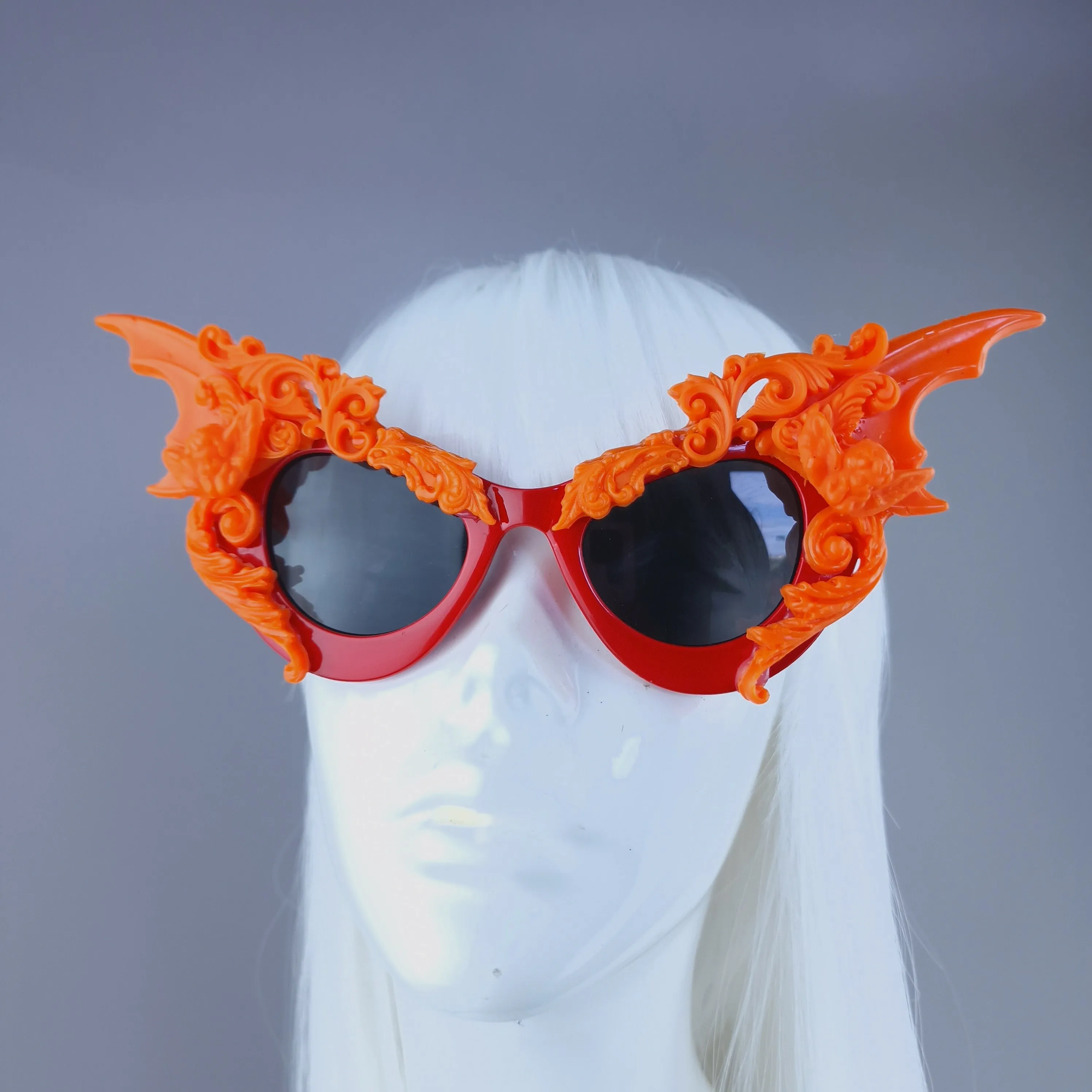 "Bathory" Red & Orange Filigree Ornate Bat Wing & Cherub Sunglasses