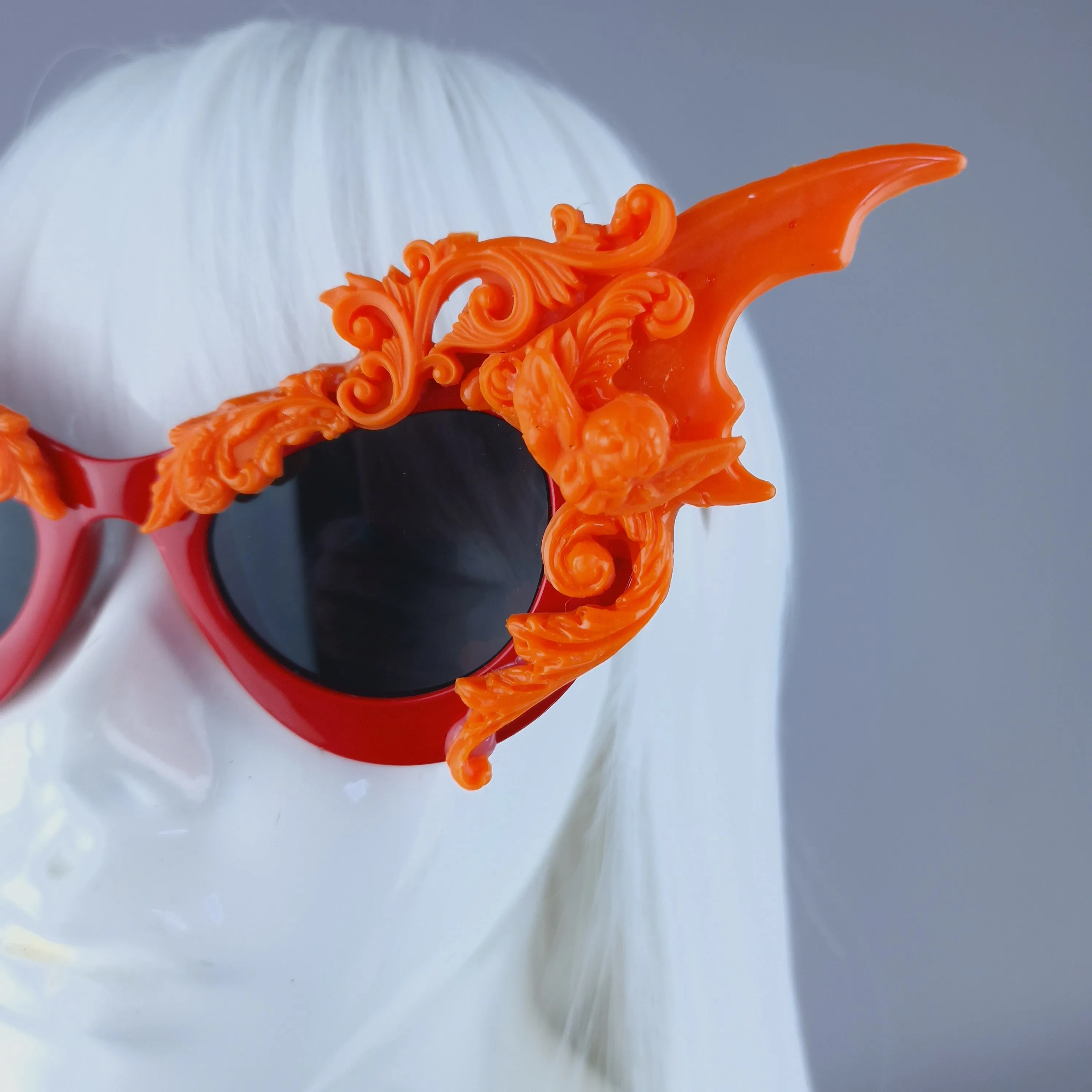 "Bathory" Red & Orange Filigree Ornate Bat Wing & Cherub Sunglasses