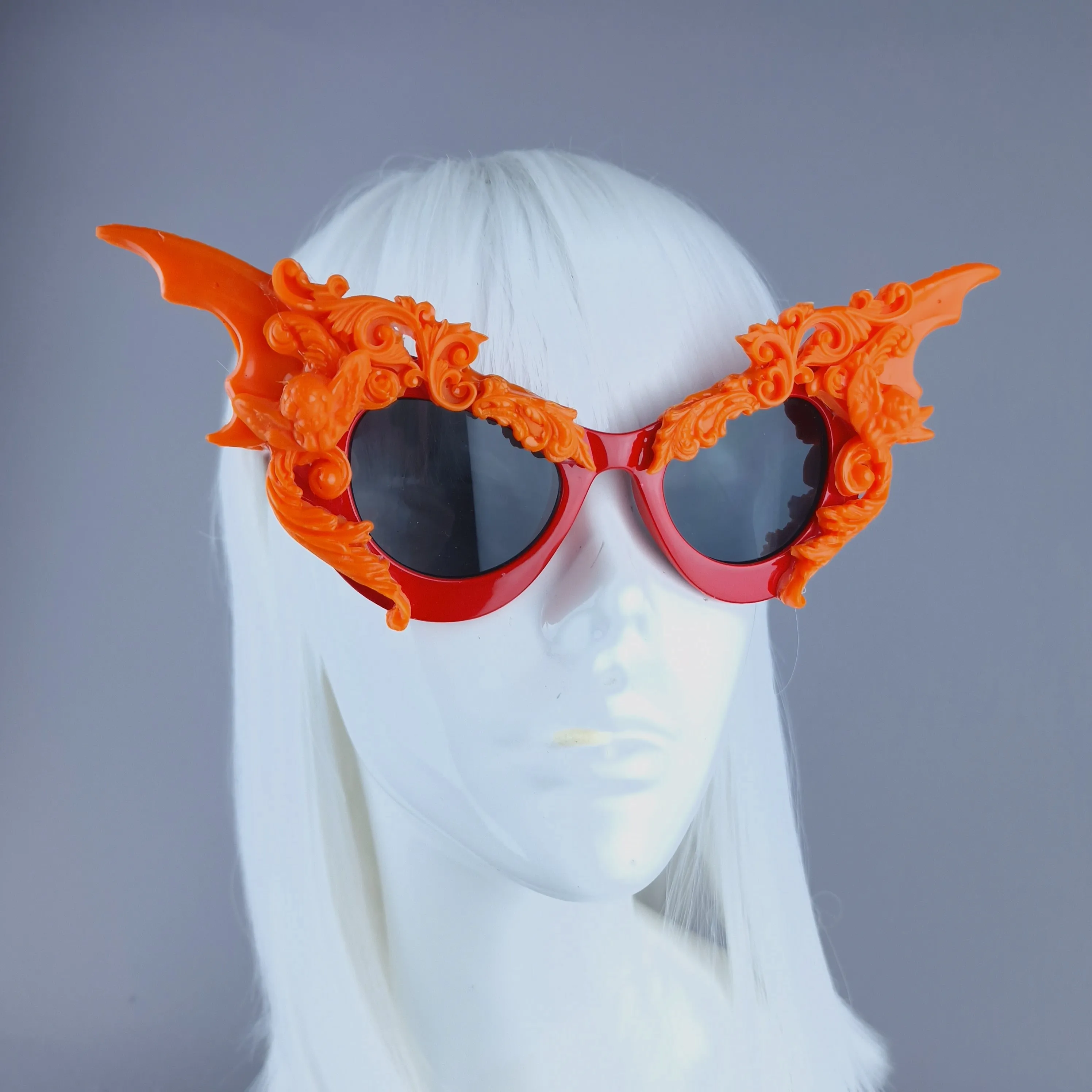 "Bathory" Red & Orange Filigree Ornate Bat Wing & Cherub Sunglasses