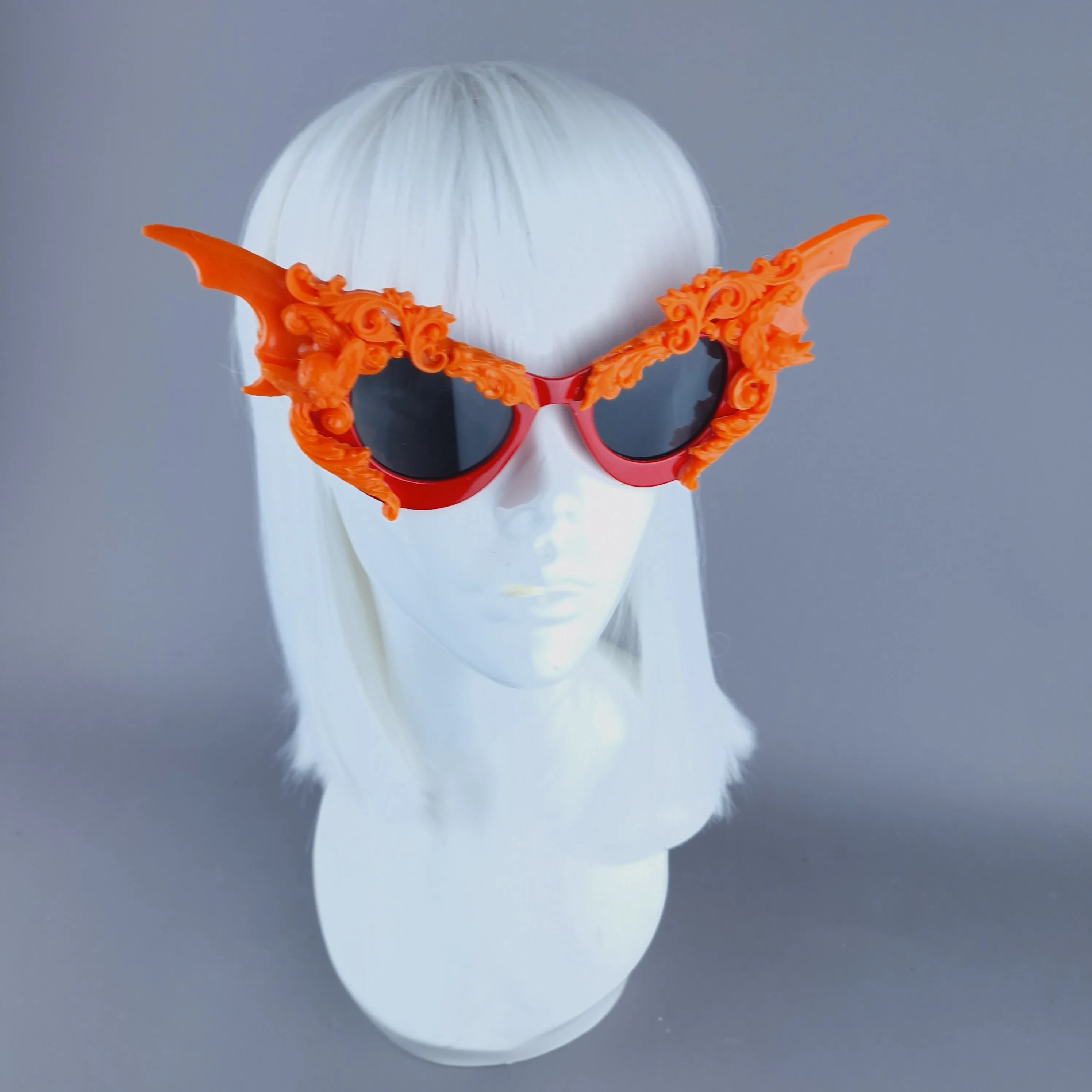 "Bathory" Red & Orange Filigree Ornate Bat Wing & Cherub Sunglasses