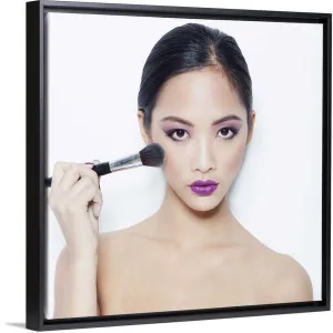 "Beautiful Asian woman applying Make-Up" Black Float Frame Canvas Art