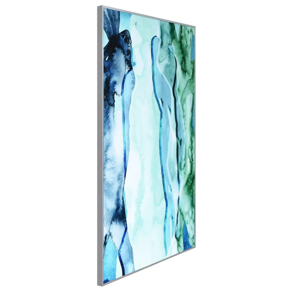 "Blue & Green Silhouette" Printed Abstract Wall Art Glass Encased with Anodized Aluminum Silver Frame