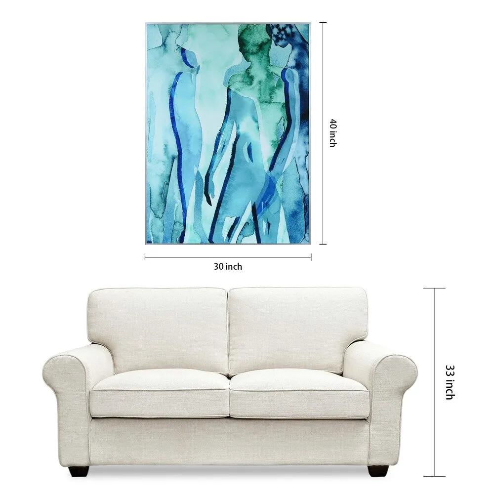 "Blue & Green Silhouette" Printed Abstract Wall Art Glass Encased with Anodized Aluminum Silver Frame