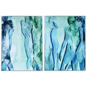 "Blue & Green Silhouette" Printed Abstract Wall Art Glass Encased with Anodized Aluminum Silver Frame