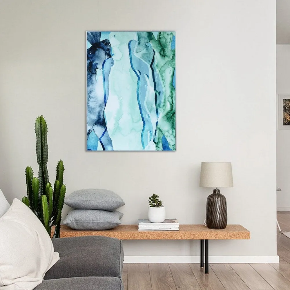 "Blue & Green Silhouette" Printed Abstract Wall Art Glass Encased with Anodized Aluminum Silver Frame