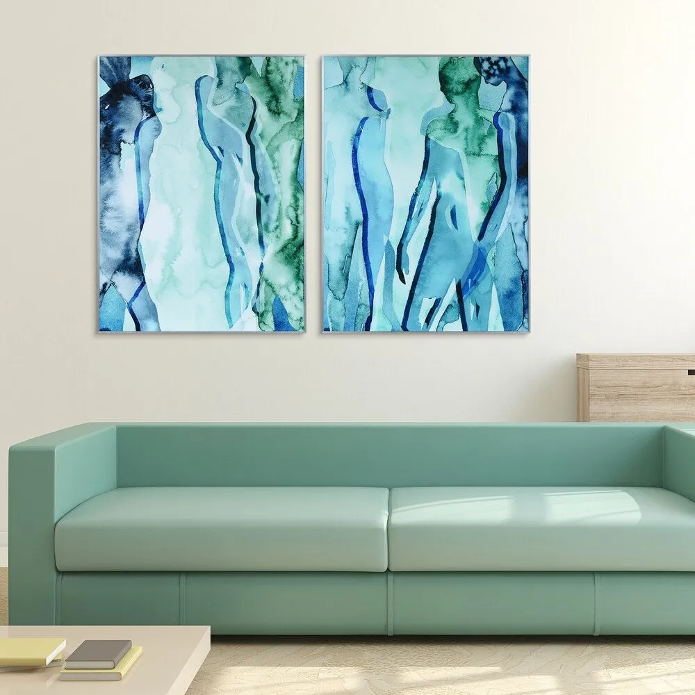 "Blue & Green Silhouette" Printed Abstract Wall Art Glass Encased with Anodized Aluminum Silver Frame