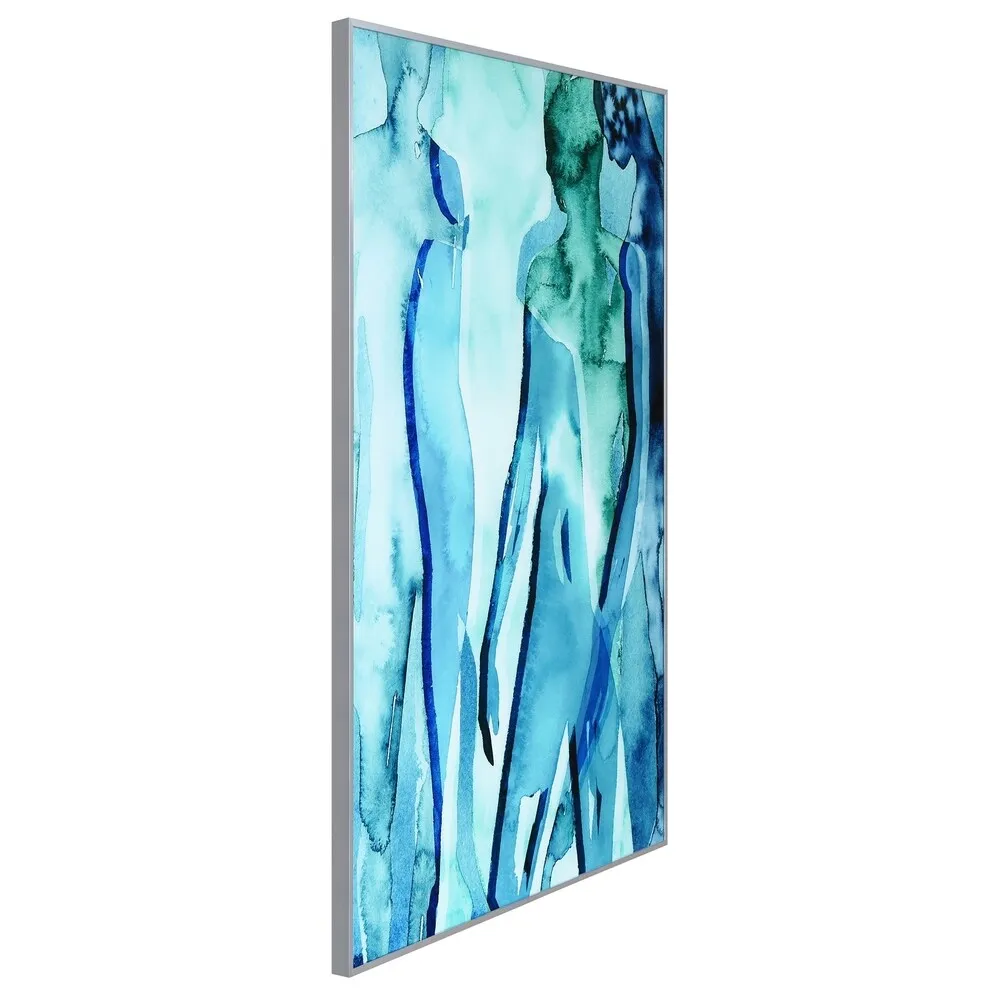 "Blue & Green Silhouette" Printed Abstract Wall Art Glass Encased with Anodized Aluminum Silver Frame