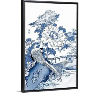 "Blue and White Asian Garden II" Black Float Frame Canvas Art