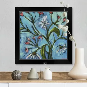 "Blue Daisy Pattern" Black Framed Print