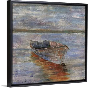 "Boat by the Waters Edge V" Black Float Frame Canvas Art