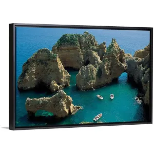 "Boats and rock formations" Black Float Frame Canvas Art