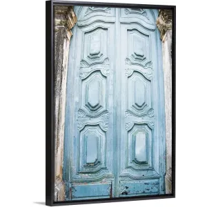 "Brazil, Bahia, Salvador De Bahia, Close up on blue carving door" Black Float Frame Canvas Art