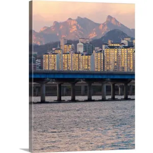 "Buildings and Mount Bukhan by Han river in Seoul, South Korea." Canvas Wall Art