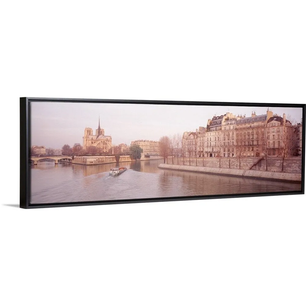 "Buildings near Seine river, Notre Dame, Paris, France" Black Float Frame Canvas Art