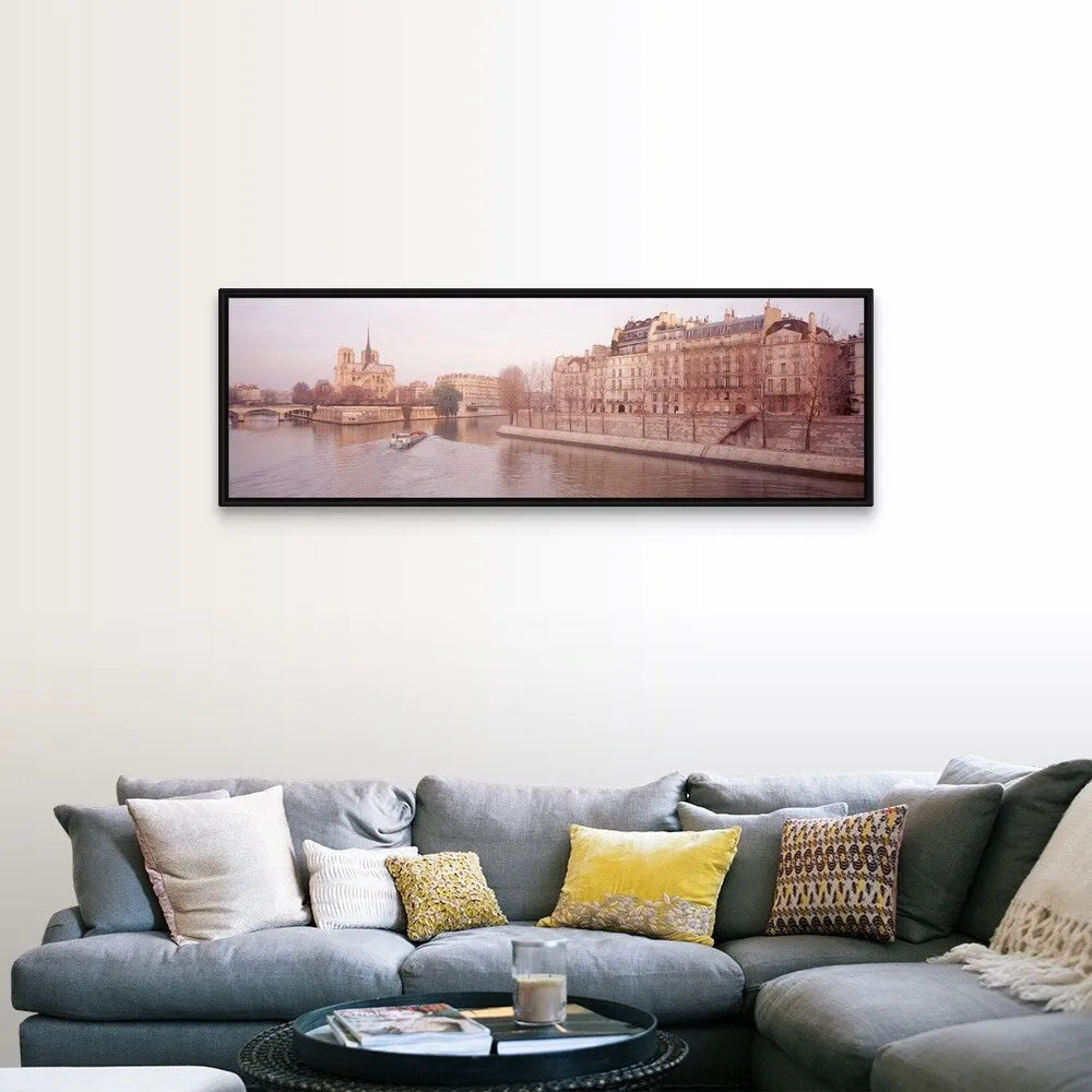 "Buildings near Seine river, Notre Dame, Paris, France" Black Float Frame Canvas Art