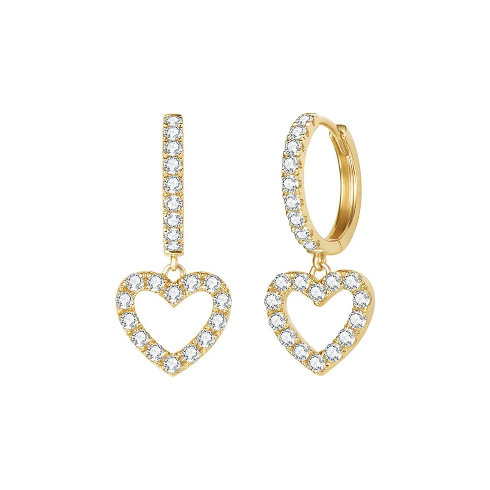 "Estella" Diamond Heart Dangling 14K Gold Hoops