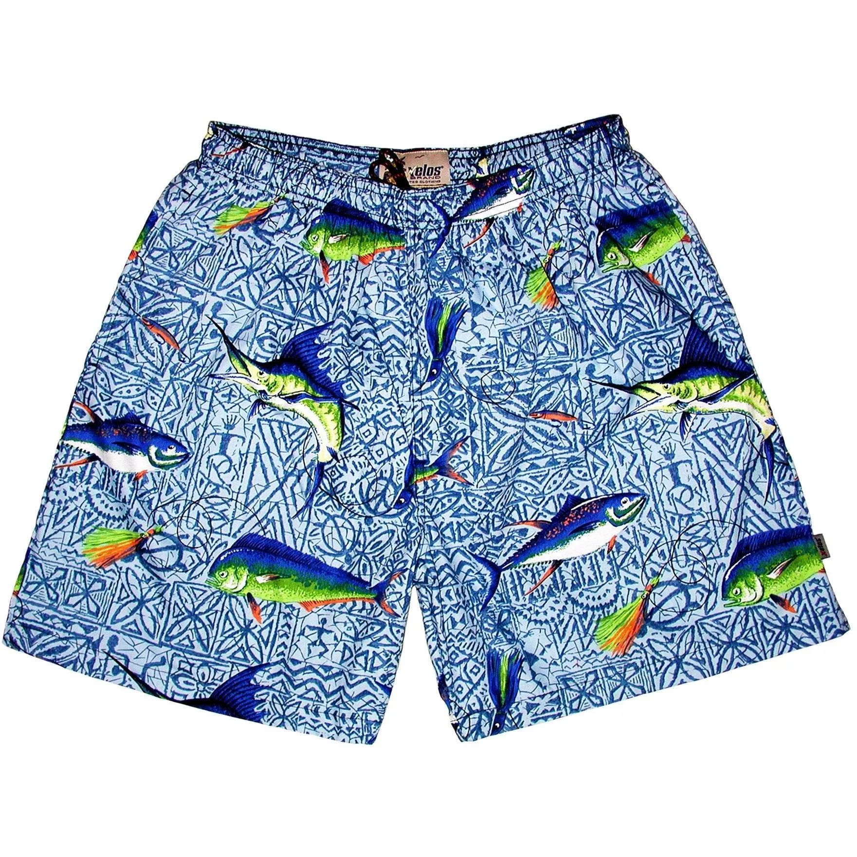 "Fighting Chair" Mens (6.5" Inseam / 19" Outseam) 100% Cotton Fish Print Swim Trunks (Light Blue)