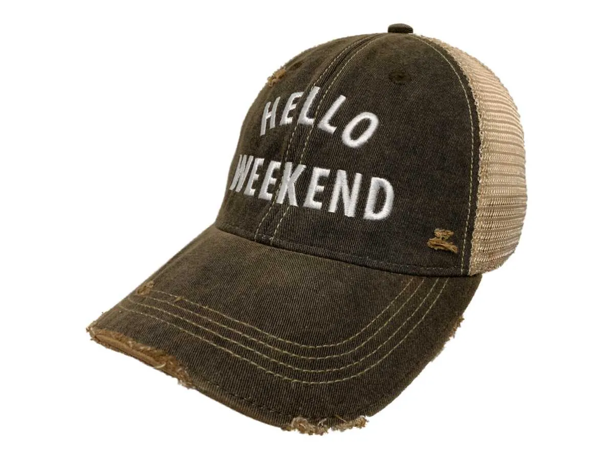 "Hello Weekend" Retro Brand Mudwashed Distressed Mesh Snapback Hat Cap