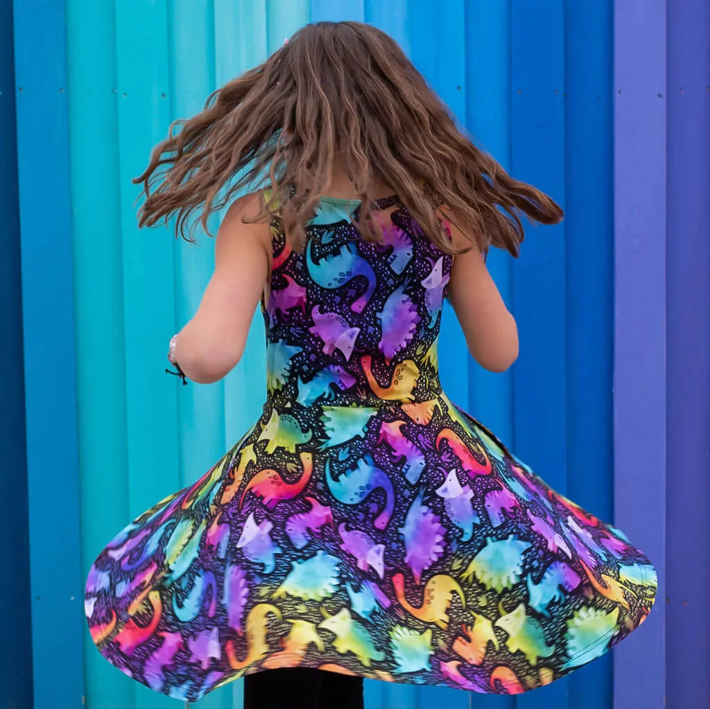 "Kaleidosaurus" Rainbow Dinosaurs Sleeveless Play Dress with Pockets