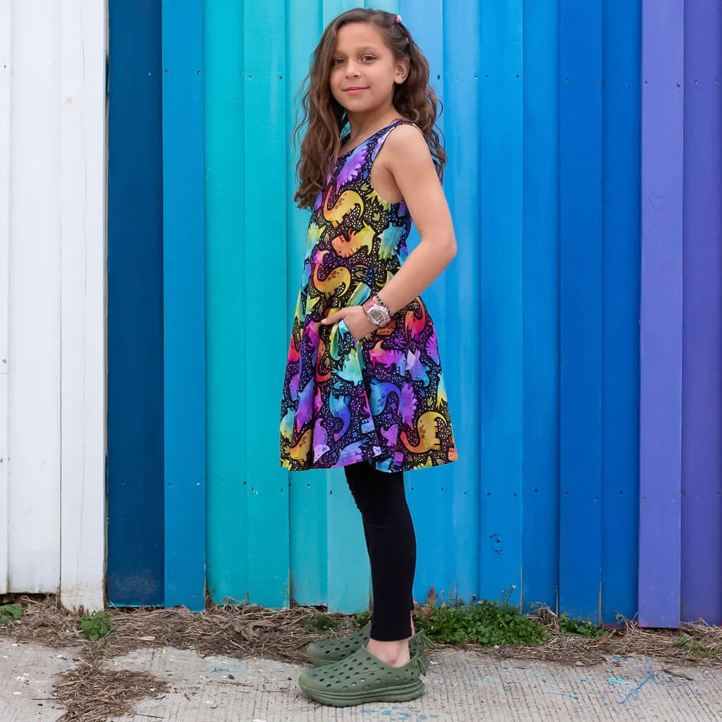 "Kaleidosaurus" Rainbow Dinosaurs Sleeveless Play Dress with Pockets